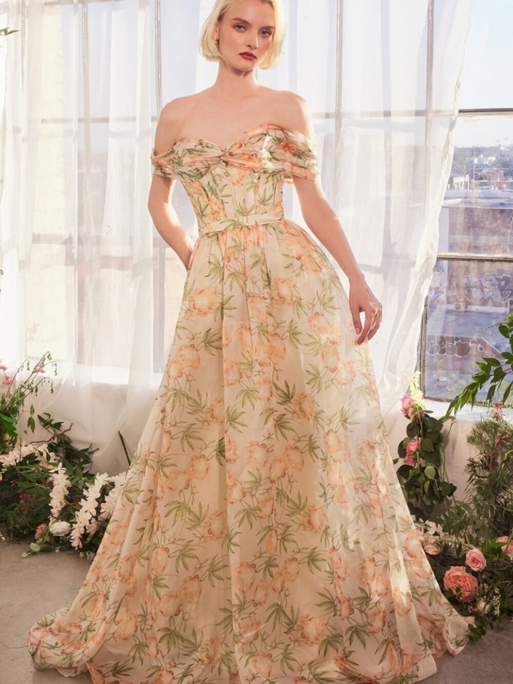 NEW OFF SHOULDER A-LINE FLORAL GOWN W/ POCKETED SKIRT & PLEATED BODICE A1466